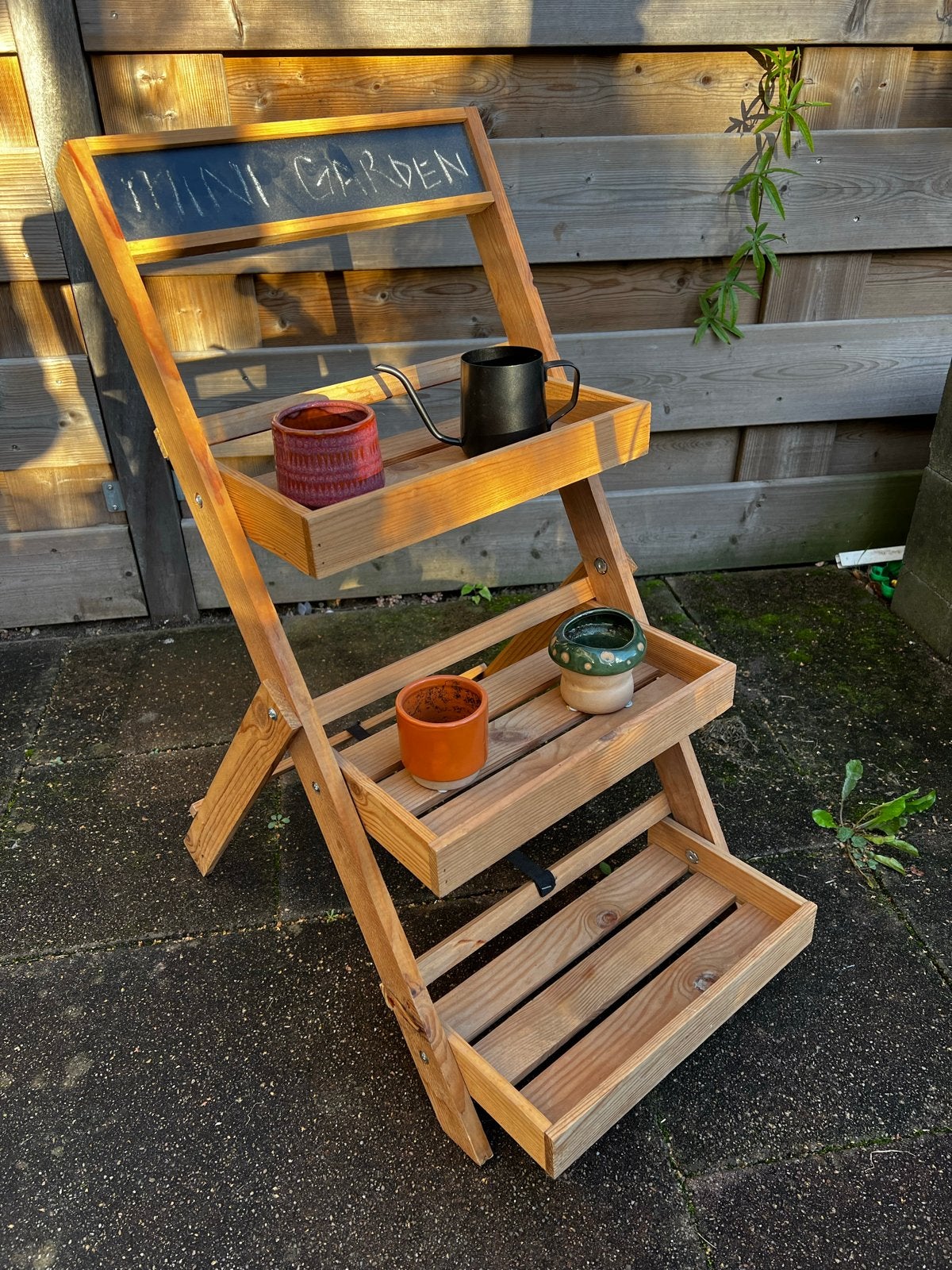 Houten plantenrek met krijtbord, Tuin en Terras, Ophalen, Gebruikt, Balkon, Minder dan 60 cm