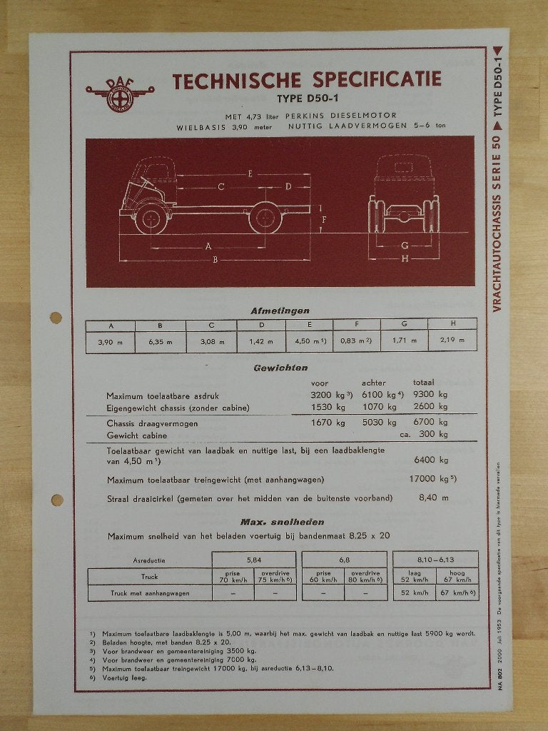 DAF D50 - 1 Technische Specificatie folder 1953 Kikker D 50, Ophalen of Verzenden, Zo goed als nieuw, Overige merken, DAF