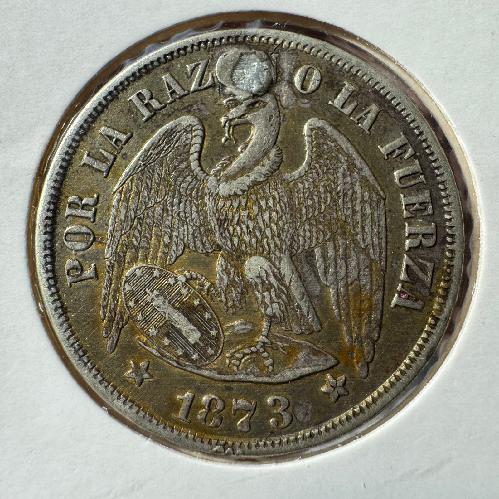 Zilveren 1 Peso 1873 Chile  - Adelaar met schild, Ophalen of Verzenden, Losse munt, Zilver