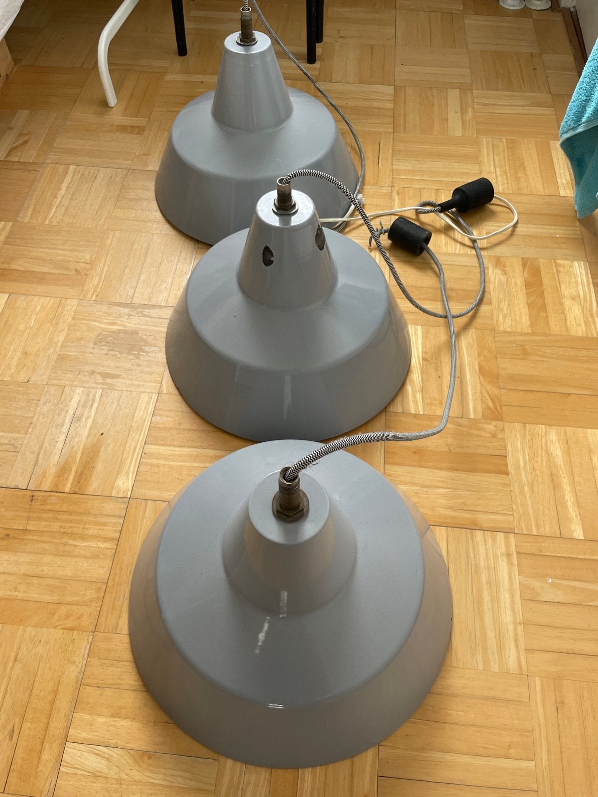 Set van 3 Emaille Industriële Hanglampen - Grijs, Ophalen of Verzenden