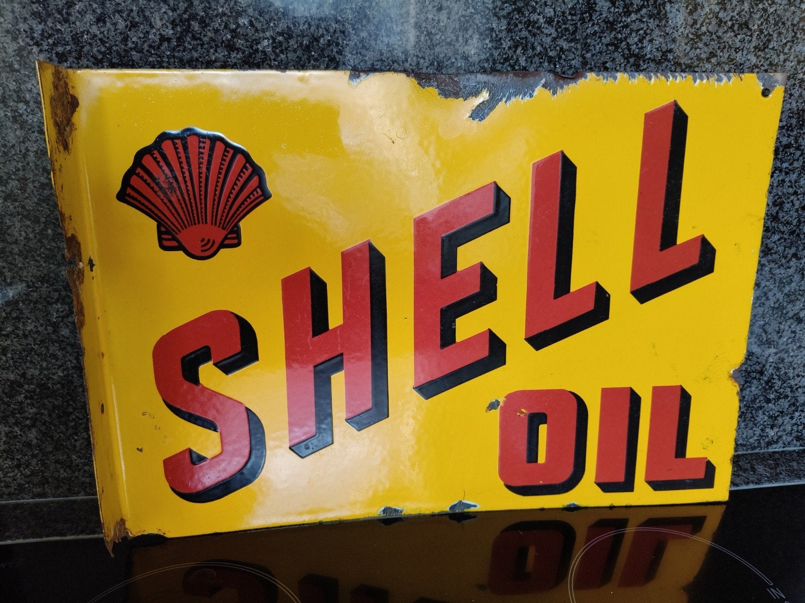 Shell oil emaille reclamebord 1936, Verzamelen, Ophalen of Verzenden, Gebruikt, Reclamebord