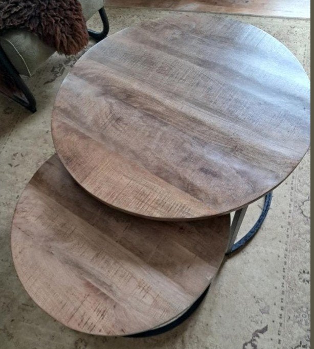 Set van 2 ronde salontafels van hout en metaal, Huis en Inrichting, Tafels | Salontafels, Ophalen, 50 tot 100 cm, Rond, 50 tot 100 cm