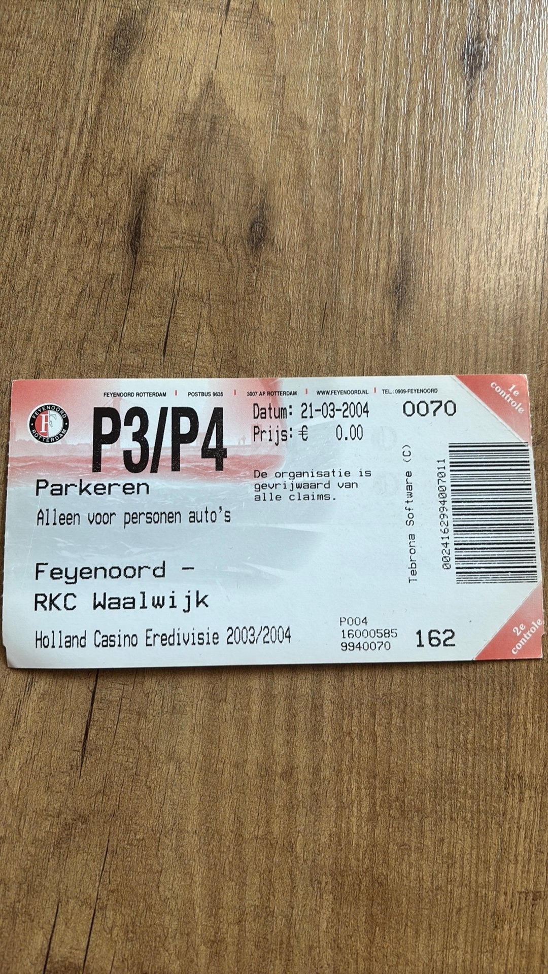 Oud stadionticket feyenoord rkc 2004, Verzamelen, Ophalen of Verzenden, Zo goed als nieuw, Feyenoord