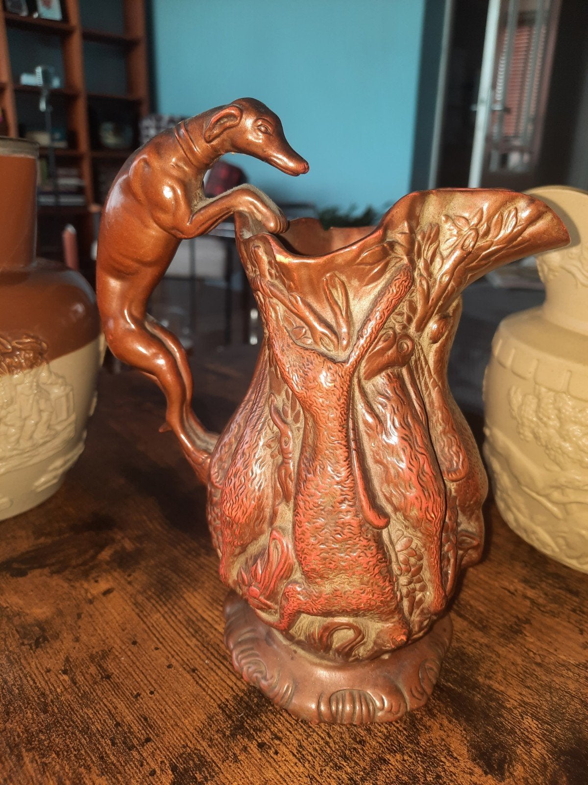 Antieke jachttafereel kan met windhond handvat, Ophalen of Verzenden