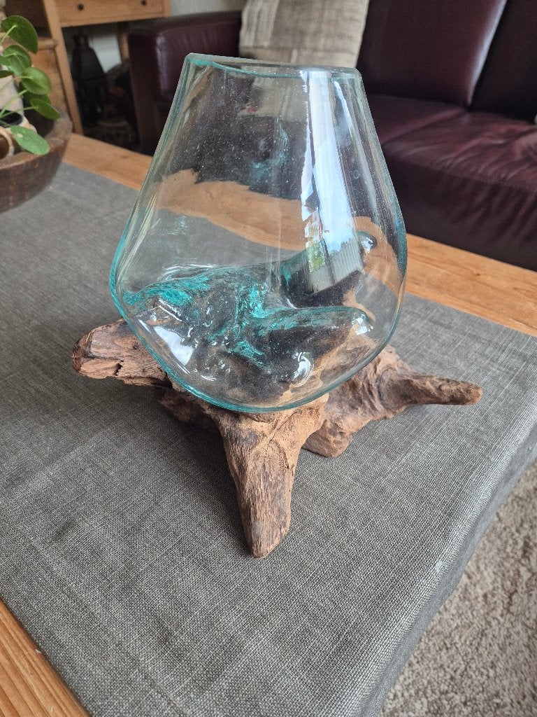 Unieke glazen vaas op drijfhout, Gerecycled glas, Ophalen, 24 cm, Glas