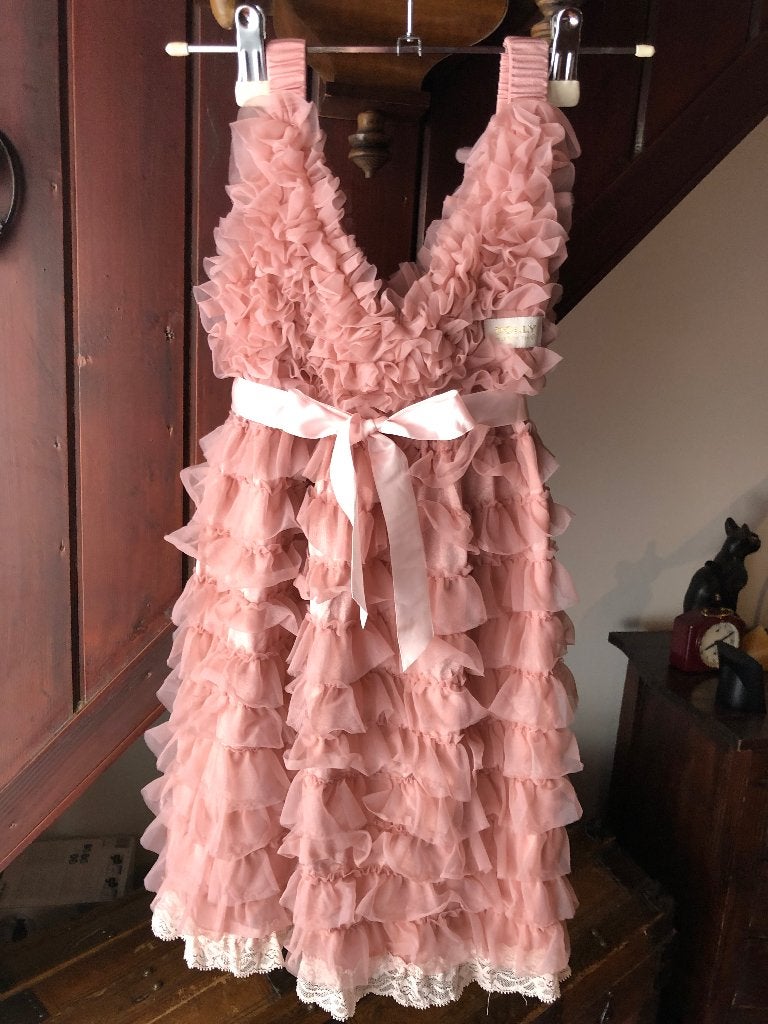 Ruffle dress chiffon-kant jurk roze Dolly by Le Petit Tom, Dolly by Le Petit Tom, Meisje, Ophalen of Verzenden, Zo goed als nieuw
