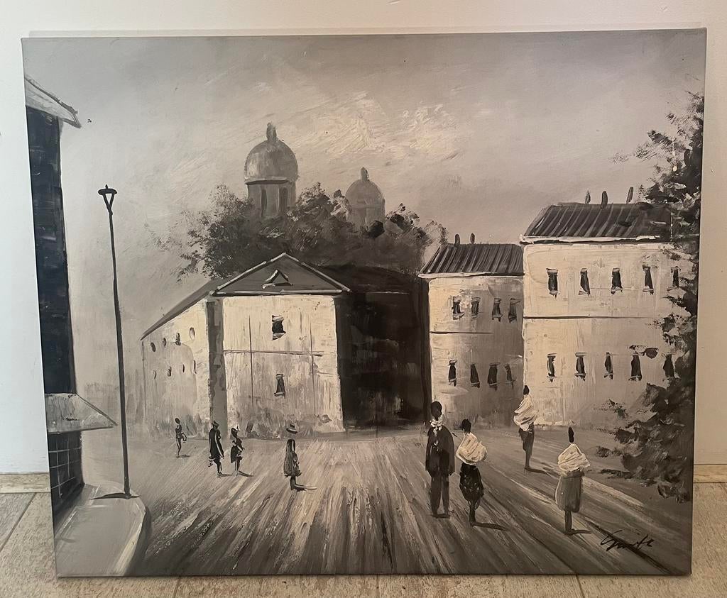 Schilderij stadsgezicht met figuren, Ophalen, Zo goed als nieuw, Schilderij