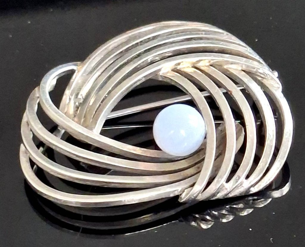 Prachtige Zilver Blauwe Agaat Wolmerk Broche, Ophalen of Verzenden, Zilver, Broche, Met edelsteen
