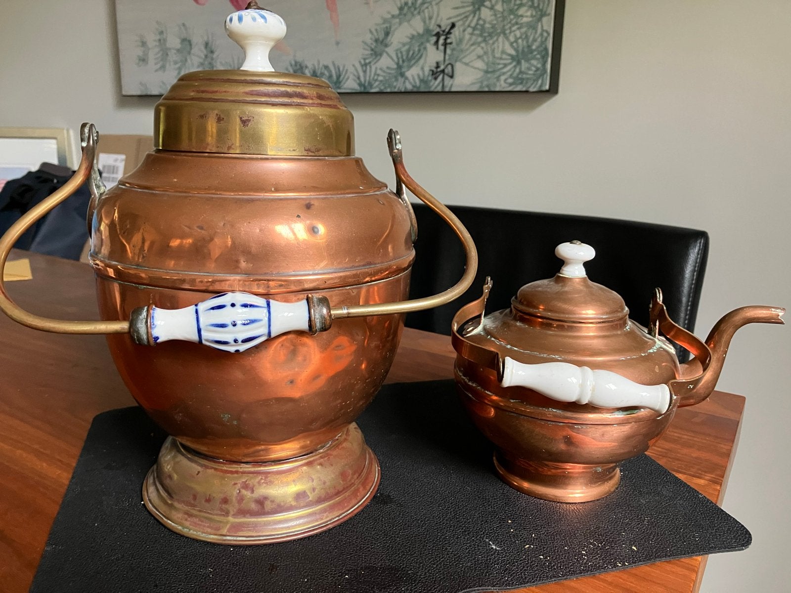 Set van 2 antieke koperen potten met deksel, Ophalen, Koper