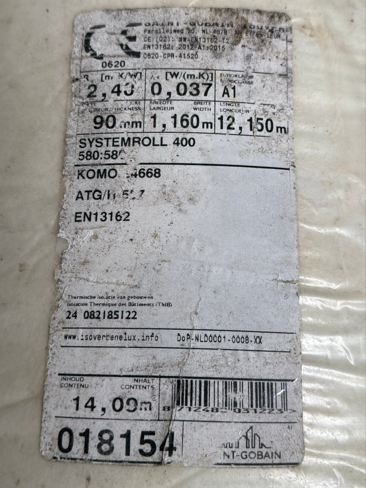 Isover Systeemrol 400 Glaswol Isolatie 90mm, Ophalen, 10 tot 15 m², Zo goed als nieuw, Vloerisolatie
