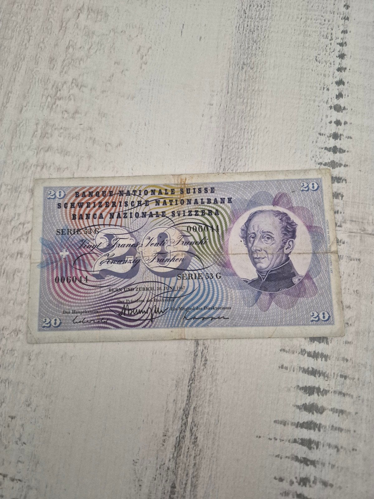 Zeldzaam Zwitsers 20 Franken biljet - Serie 53 G (1967), Ophalen of Verzenden, Overige landen