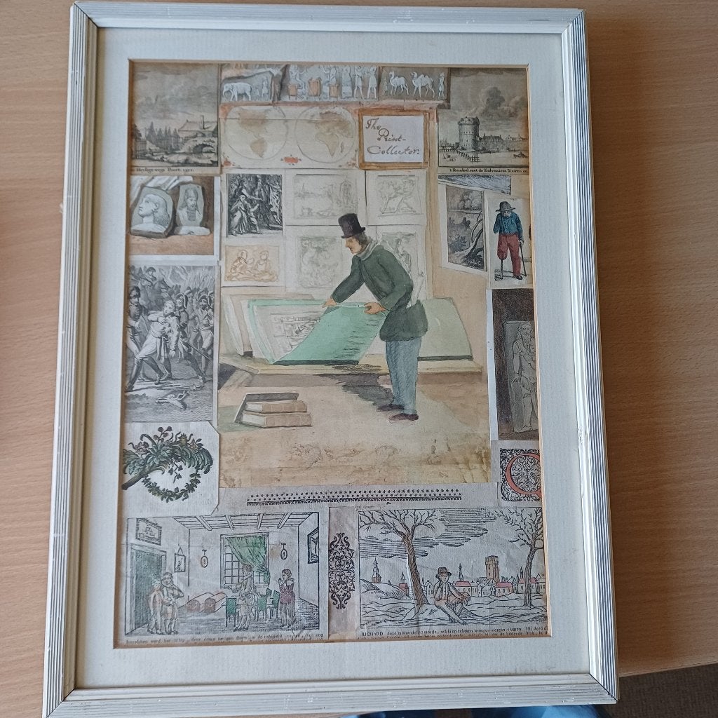 Collage van prentjes - Lámateur d 'estampes - met lijst, Gebruikt, Ophalen of Verzenden, Voor 1940, Prent