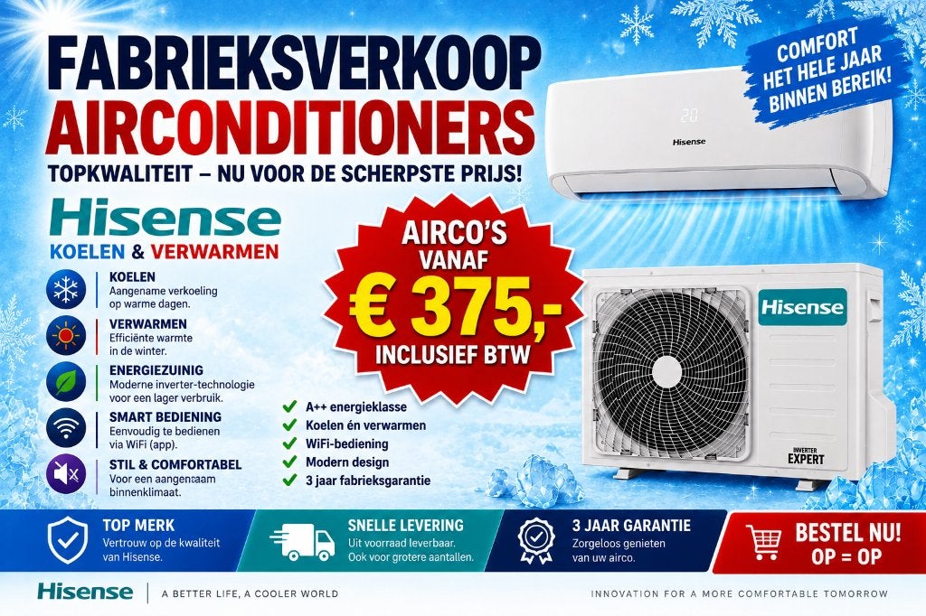 Airco Hisense vanaf € 375,= inc BTW, Witgoed en Apparatuur, Airco's, Koelen en Ontvochtigen, Minder dan 60 m³, Nieuw, 3 snelheden of meer