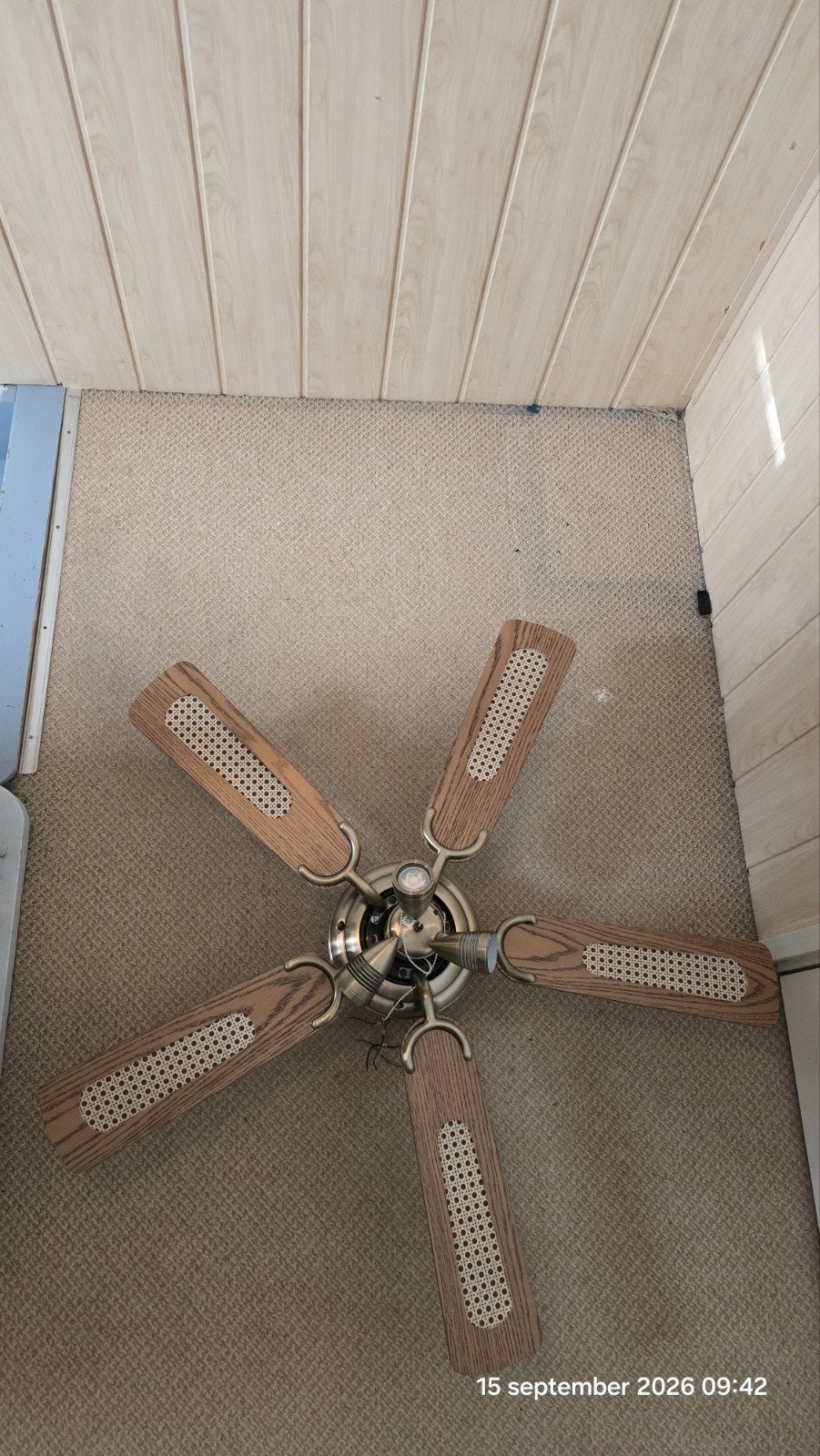 Vintage plafondventilator met verlichting en 5 bladen, Overige merken, Gebruikt, Overige fittingen, Hout