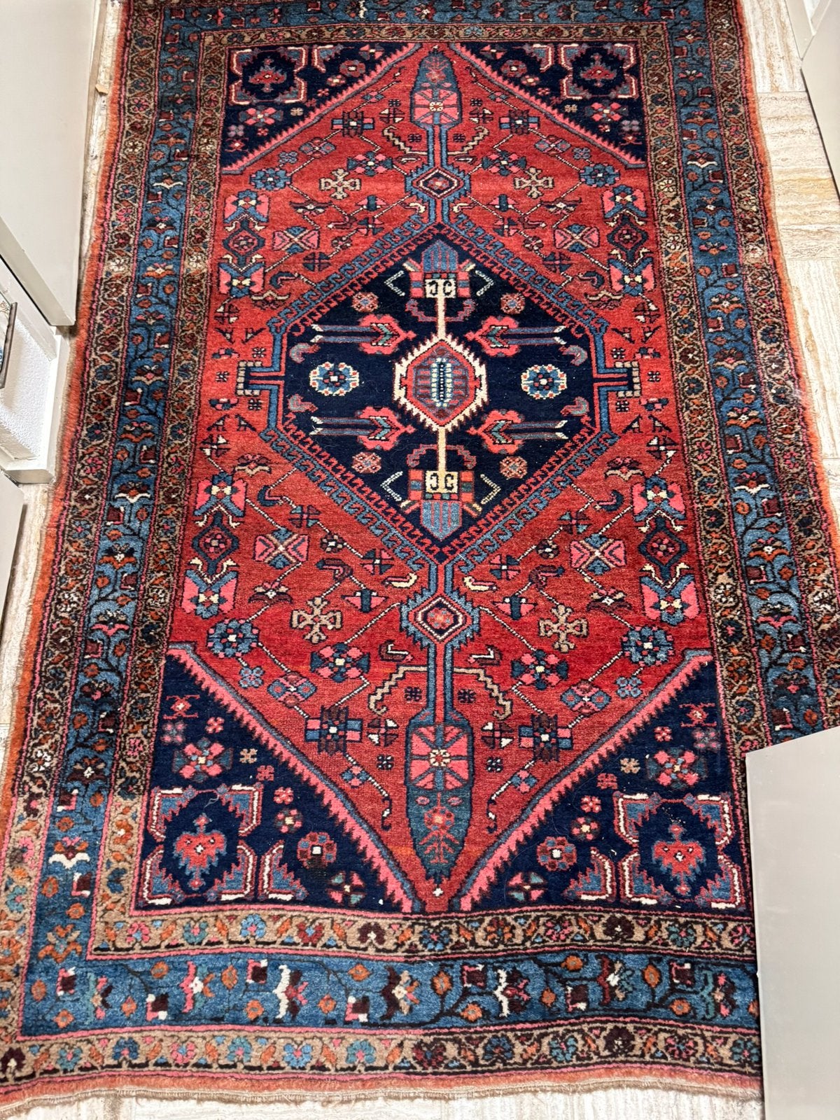 Perzisch Hamadan-tapijt uit Iran Handgeknoopt, Ophalen, 200 cm of meer, Zo goed als nieuw, Rechthoekig