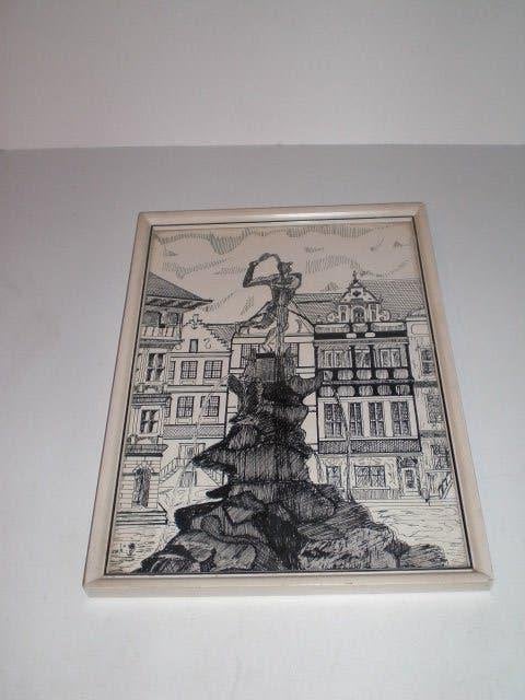 Gesigneerde pentekening De Hand Antwerpen. Van kunsthandel, Antiek en Kunst, Ophalen of Verzenden, Tekening, Achter glas