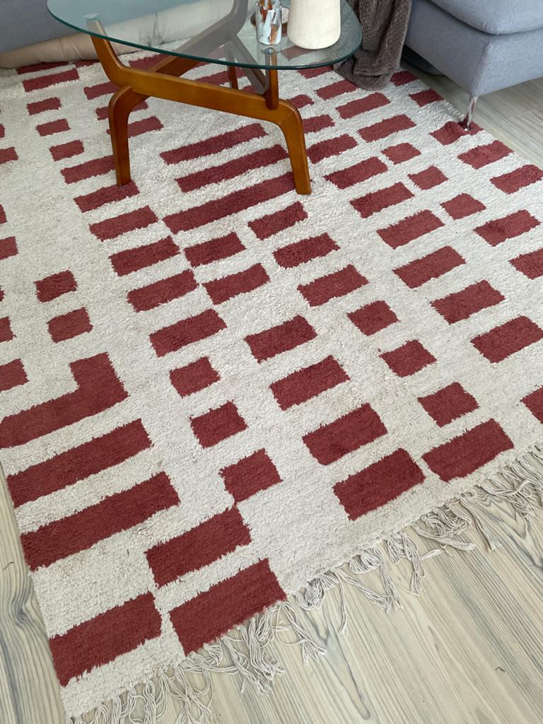 Vloeerkleed geblokt beige en rood, Ophalen, 150 tot 200 cm, 200 cm of meer, Zo goed als nieuw