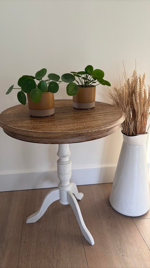 Ronde houten bijzettafel landelijk 55cm doorsnee, Huis en Inrichting, Tafels | Bijzettafels, Ophalen, Zo goed als nieuw, Rond