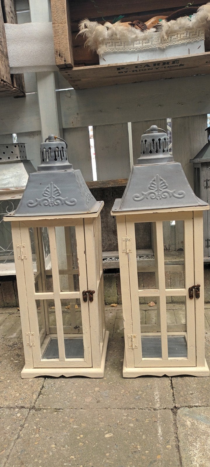 2 x LANTAARN creme / grijs zink dakje met ring, Huis en Inrichting, Gebruikt, Lantaarn, Ophalen of Verzenden, Hout