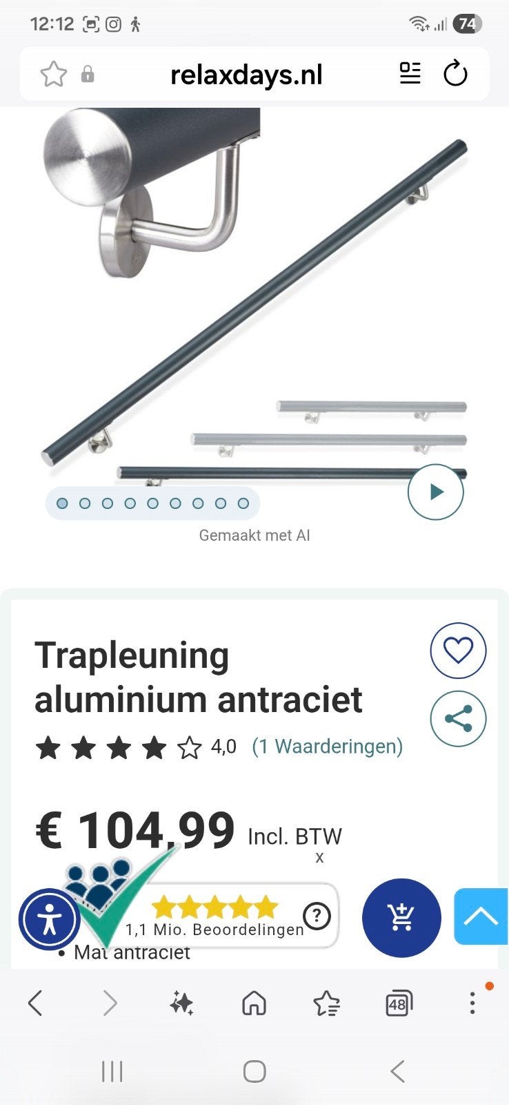 trapleuning antraciet 200 cm nieuw, Ophalen, Nieuw, 2 tot 4 meter