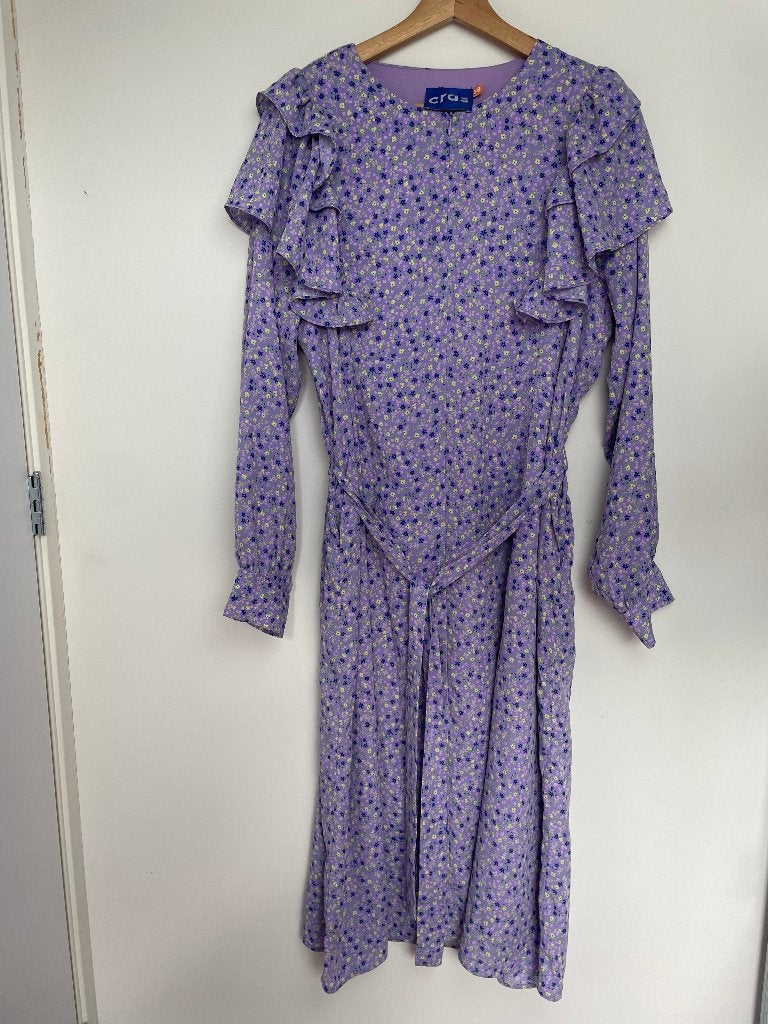 Cras Sallycrass maxi jurk maat 38 lila floral print ruches, Paars, Zo goed als nieuw, Info@crascph.com, Onder de knie