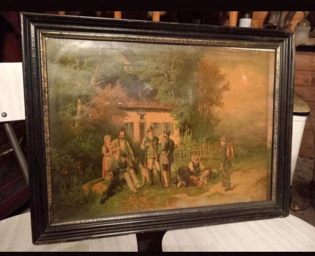 Antieke prent in lijst, jachttafereel, Antiek en Kunst, Kunst | Schilderijen | Klassiek, Ophalen of Verzenden
