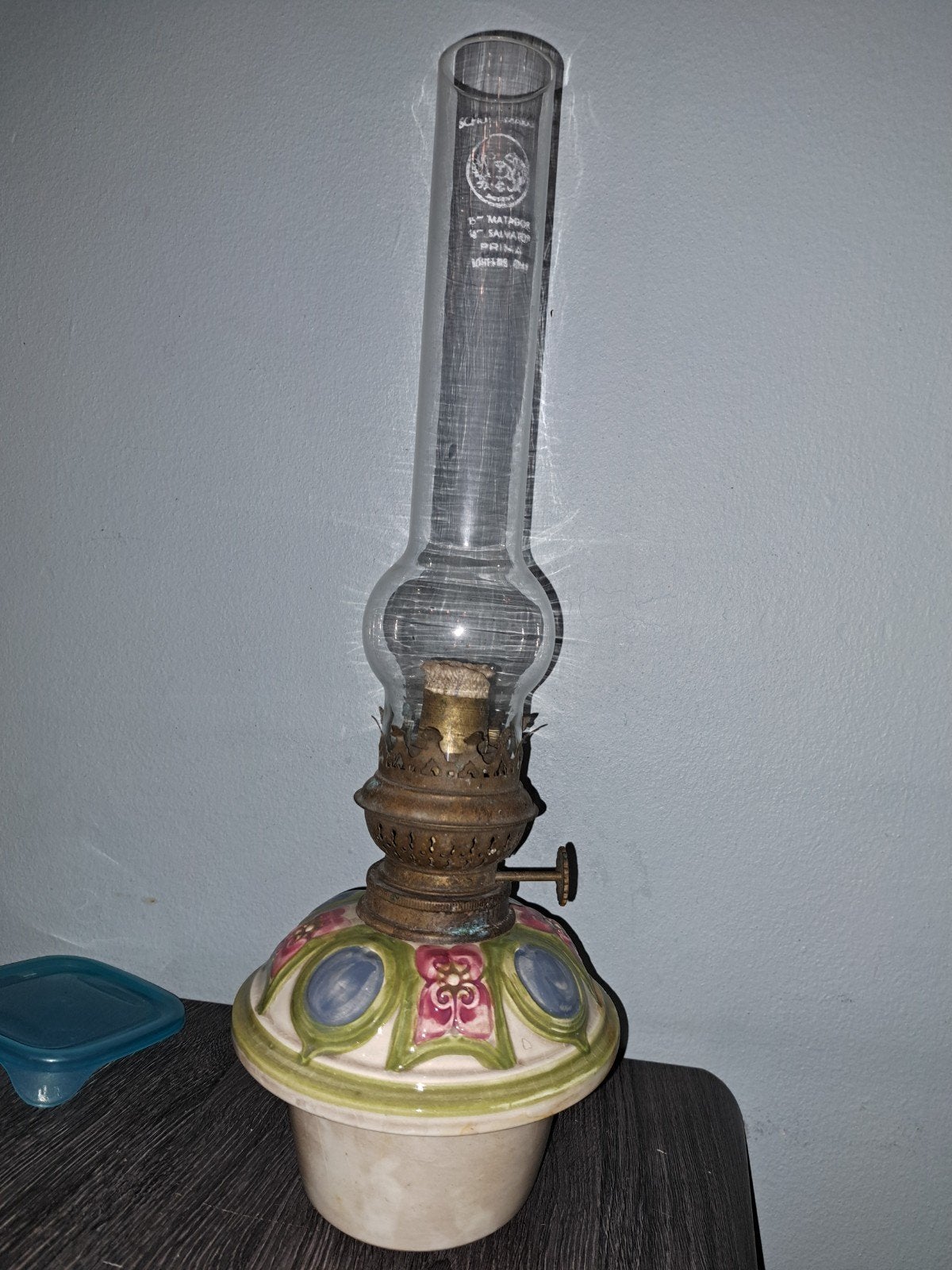 Antieke Majolica Kerosinelamp met Origineel Boheems Matador-, Ophalen of Verzenden