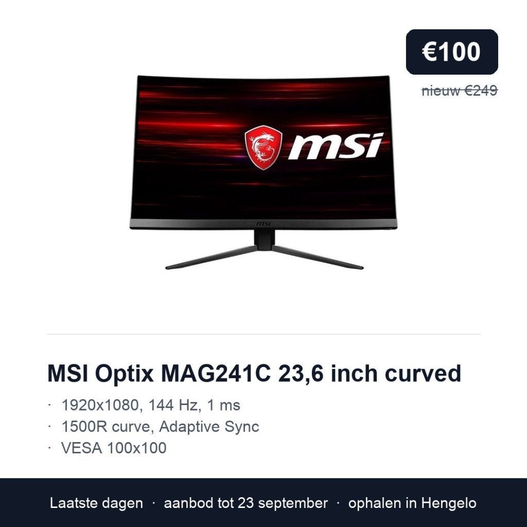 MSI Optix MAG241C 23,6 inch curved gaming monitor 144 Hz, Computers en Software, 101 t/m 150 Hz, 23,6, VA, Full HD