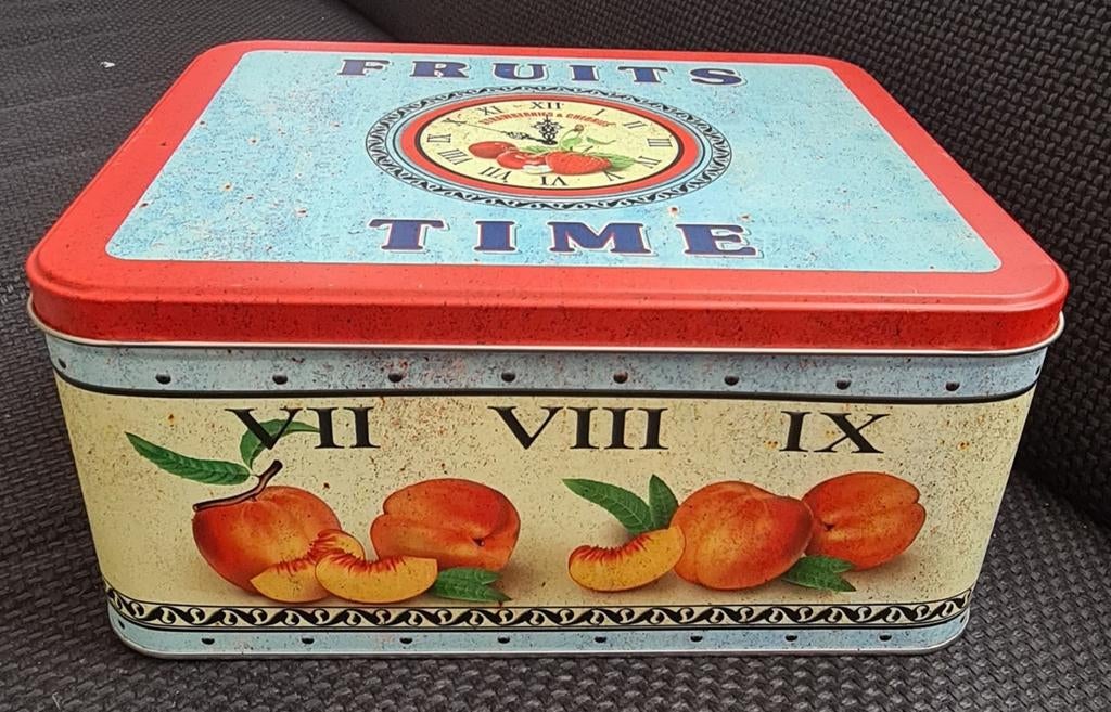 Vintage Fruits Time Blikken Trommel - Decoratieve Opberger, Minder dan 50 cm, Gebruikt, Minder dan 50 cm, Ophalen of Verzenden