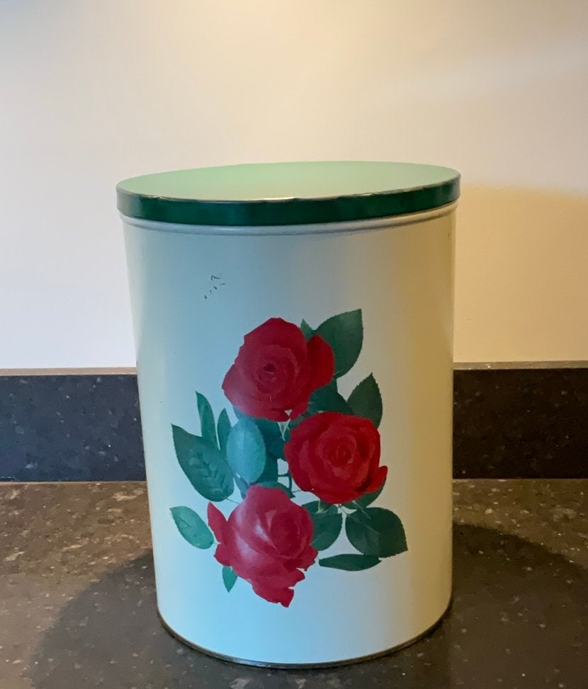 Vintage voorraadbus met rozenprint en groen deksel, Antiek en Kunst, Ophalen of Verzenden