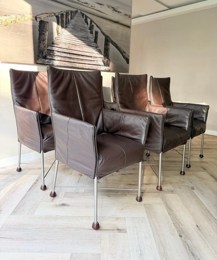 Zes prachtige Montis Chaplin fauteuils in bruin leder, Huis en Inrichting, Ophalen, Bruin, ---, Zo goed als nieuw