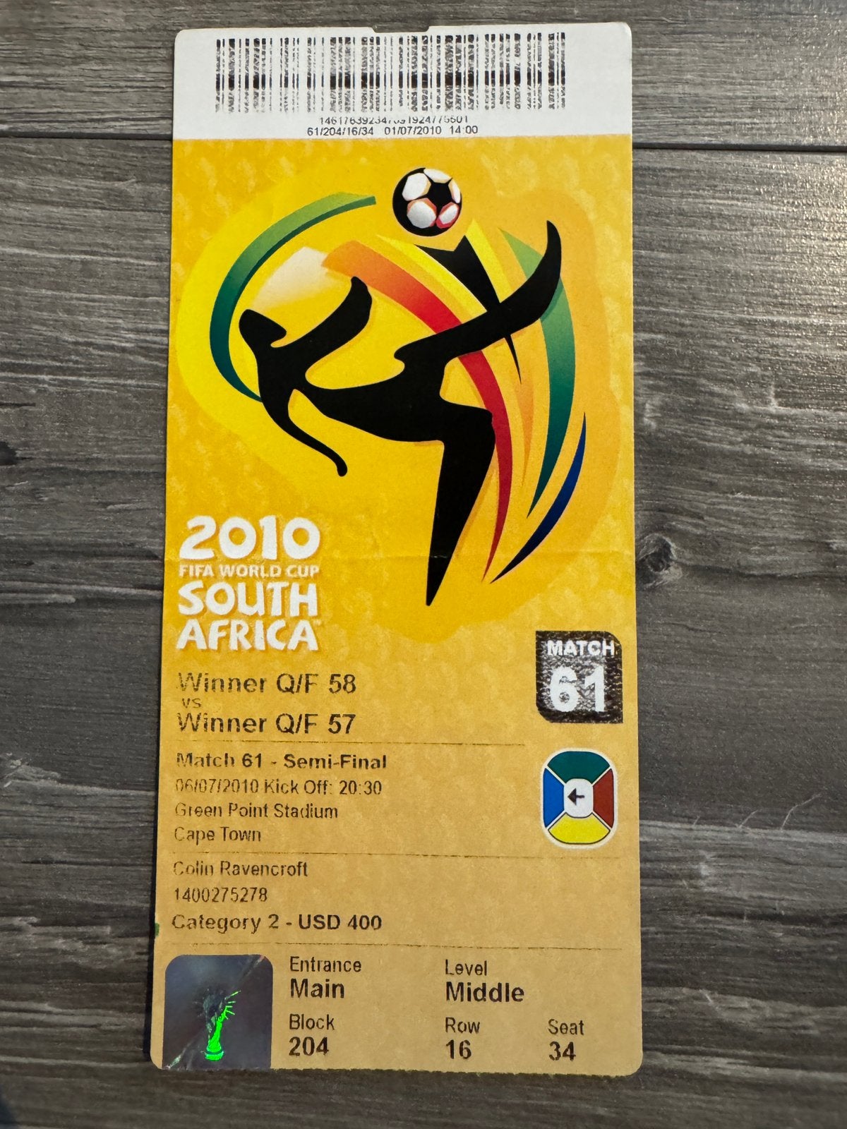 WK2010 halve finale Nederland-Uruguay ticket, Ophalen of Verzenden, Gebruikt