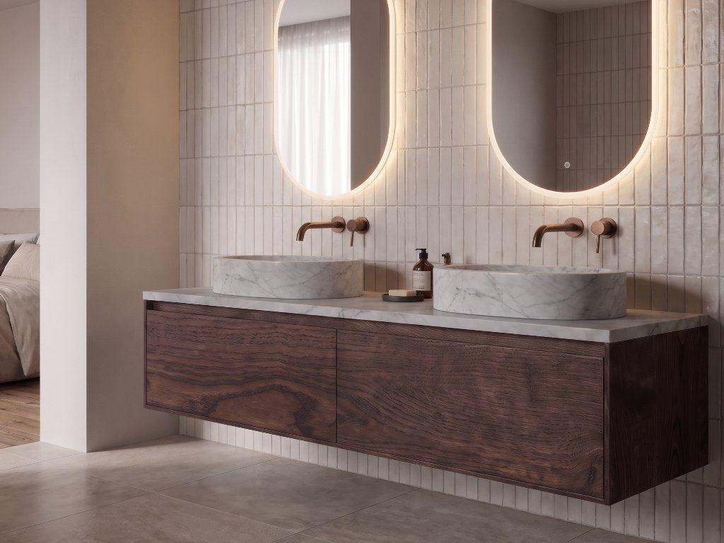 Exclusieve badmeubelset 160 cm massief eiken met écht marmer, Ophalen, 150 tot 200 cm, Nieuw, Minder dan 100 cm