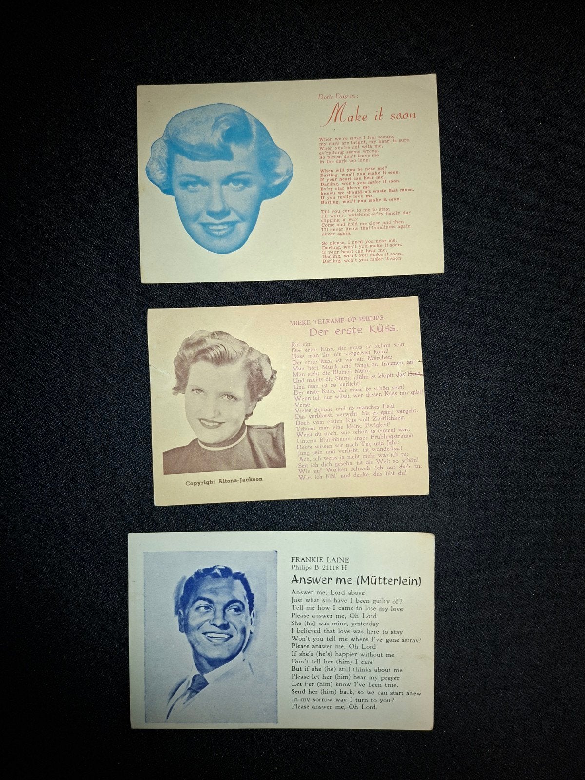 3 Ansichtkaarten met Doris Day, Mieke Telkamp, F, Ophalen of Verzenden