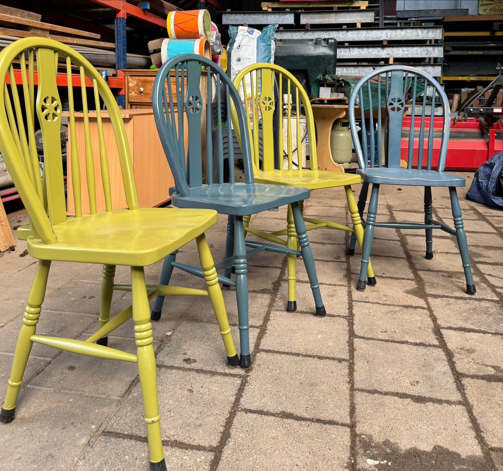 Set van 4 Oud Hollandse Keukenstoelen - Groen/Blauw, Huis en Inrichting, Ophalen, Gebruikt, Overige kleuren, Vier