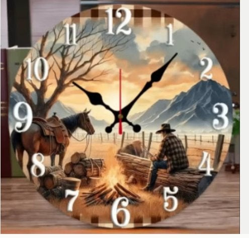 Ronde wandklok van hout Eenzame Cowboy (25cm)