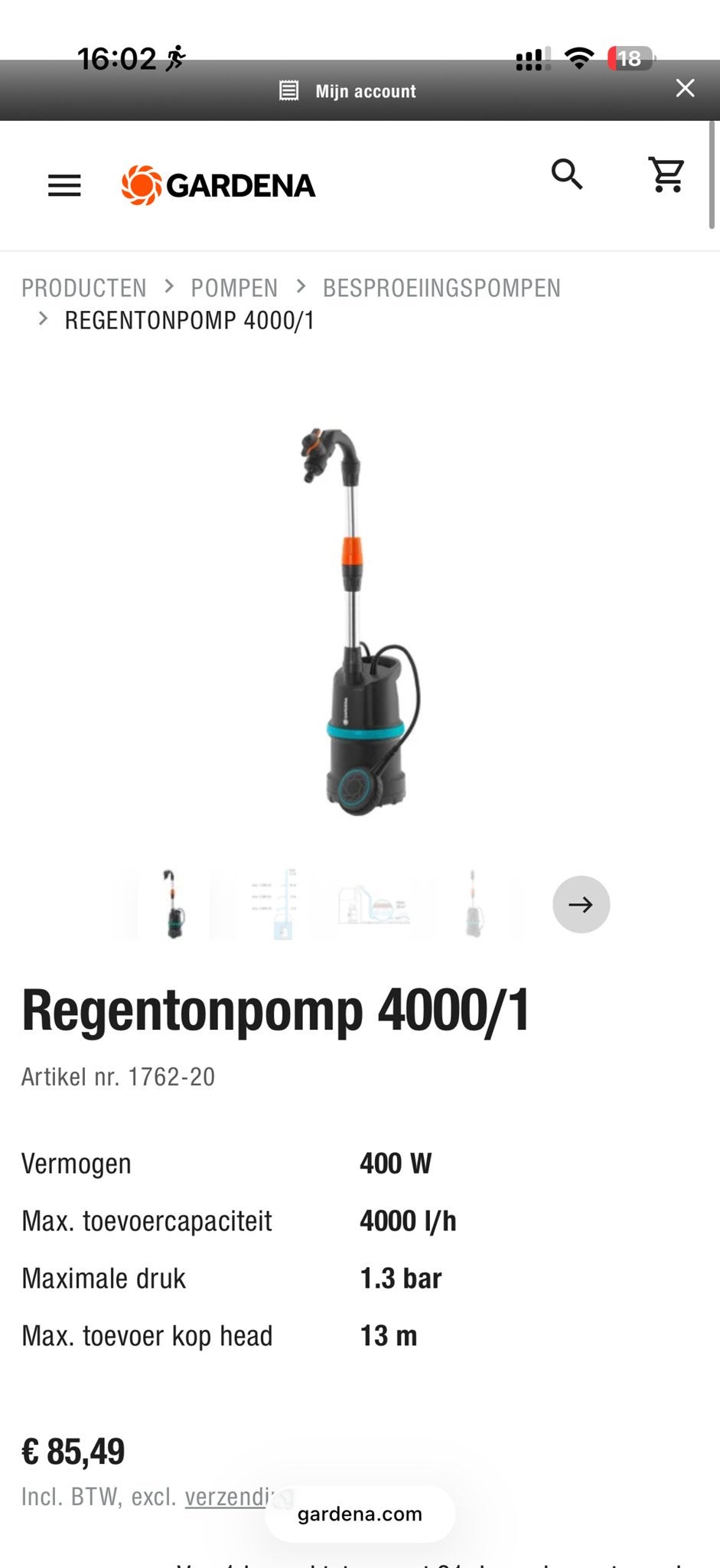 Nieuwe Gardena Regentonpomp 4000/1 - Ongebruikt!, Ophalen, Nieuw, Elektrisch, Regentonpomp