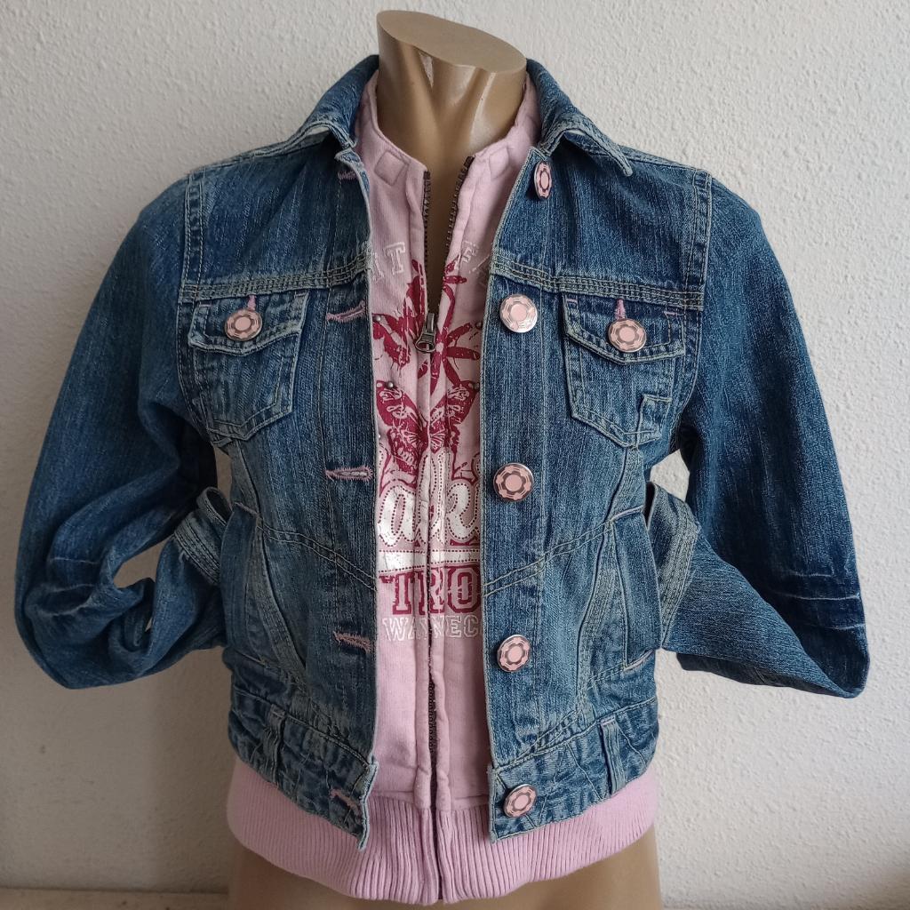 VINTAGE jeans jasje dubbele sluiting maat 146, Ophalen of Verzenden, Gebruikt, Meisje, Jas