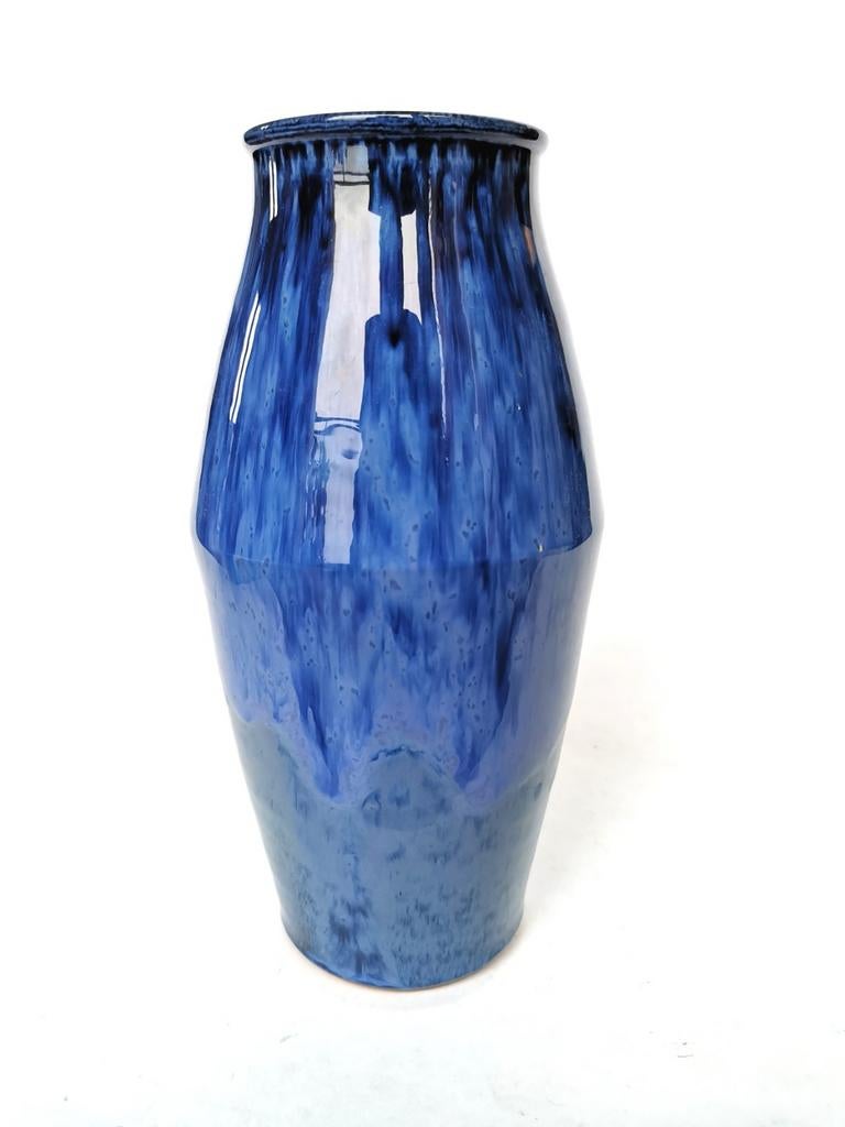 Vintage keramiek vaas diverse blauwe glazuren, Verzenden