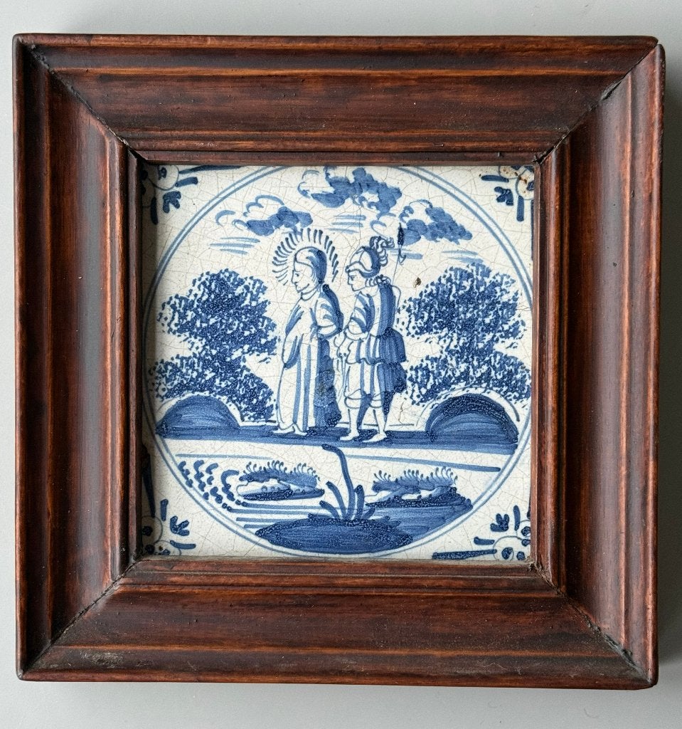 Antieke Delfts blauwe  tegel met bijbels tafereel met lijst, Antiek en Kunst, Ophalen of Verzenden
