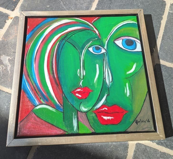 Abstract/ figuratief  schilderij - 2 gezichten - groen, Ophalen of Verzenden