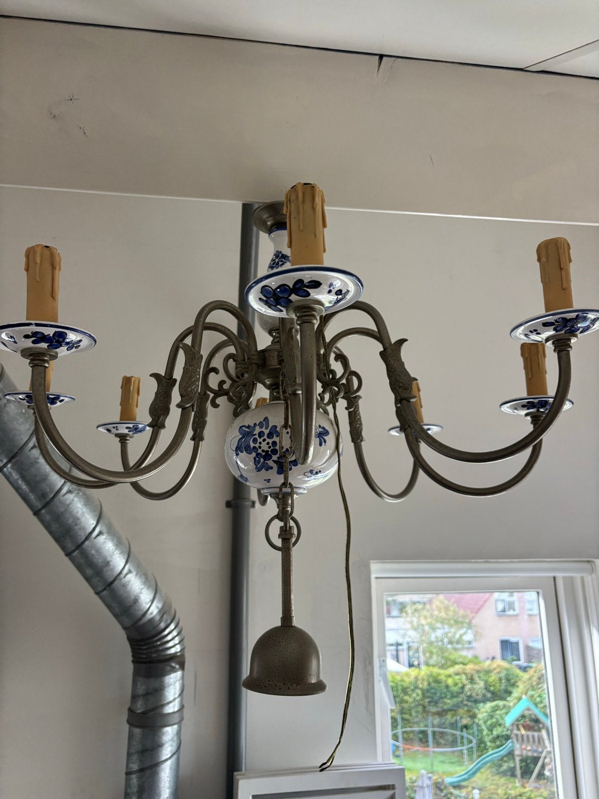 Kroonluchter met Delfts Blauw Decoratie met 8 armen, Ophalen, Gebruikt