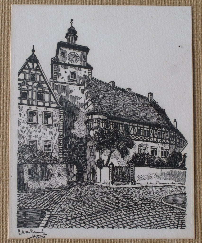 Antieke ets C.H. van Bommel 1923 - stadsgezicht Rothenburg, Antiek en Kunst, Ets, Stadsgezicht, 1900 - 1949, Ingelijst