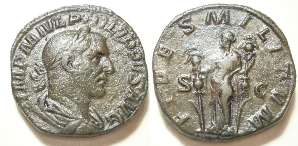 Romeinse munt Philippus I Sestertius -FIDES MILITVM S-C-, Ophalen of Verzenden, Overige landen, Losse munt