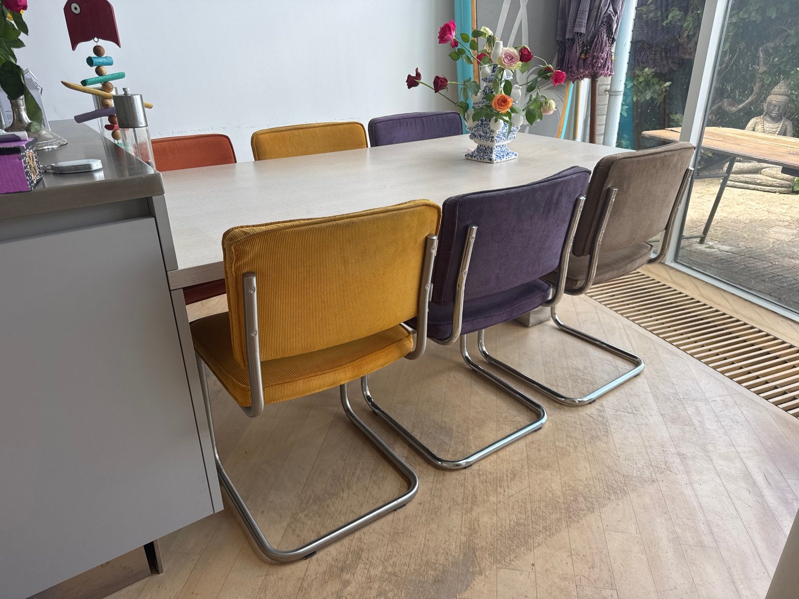 Set van 6 eetkamerstoelen in diverse kleuren, Huis en Inrichting, Stoelen, Ophalen, Gebruikt, Overige kleuren, Metaal