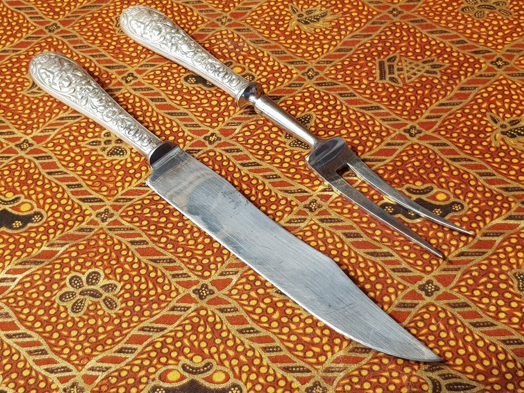 Mooi origineel antiek silverplate vleesbestek uit Engeland., Antiek en Kunst, Ophalen of Verzenden
