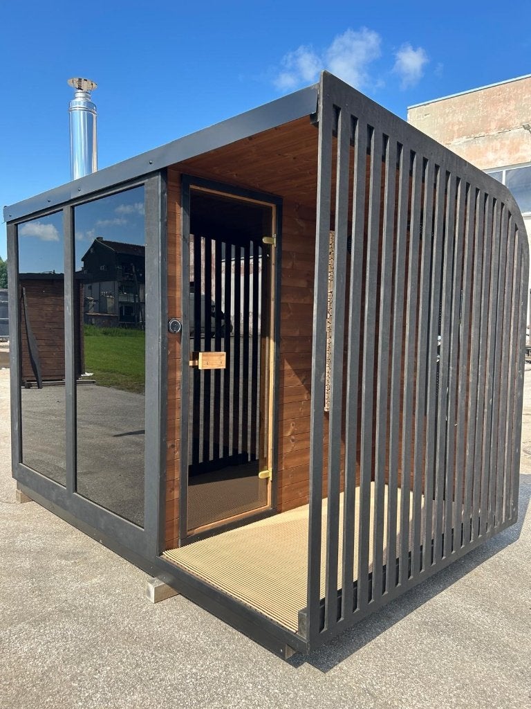 Quattrö 3 mtr. luxe thermohout panorama buitensauna + douche, Ophalen, Fins of Traditioneel, WellnessandGarden, Nieuw