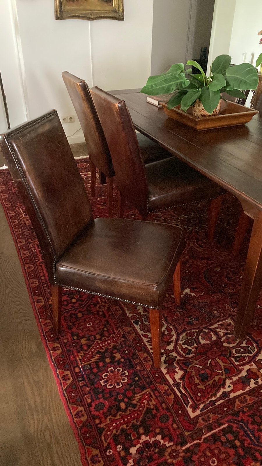 Donkerbruine schapenleren eettafelstoelen, Ophalen, Zo goed als nieuw, Bruin