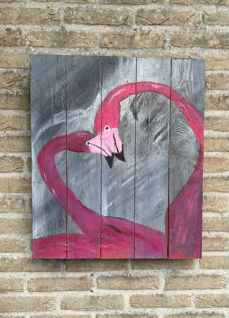 Handgeschilderde pallet met flamingo’s, Ophalen