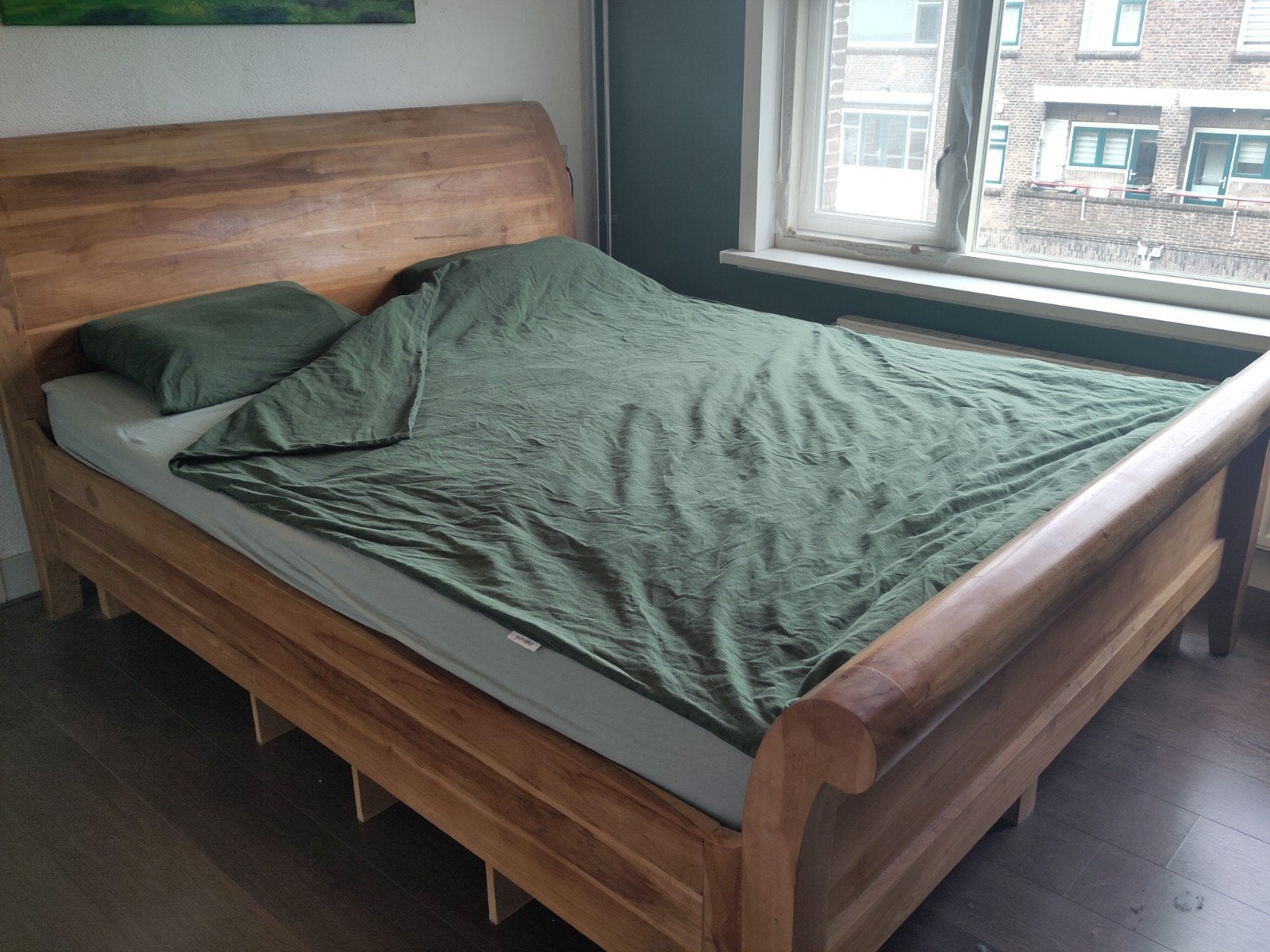 Bedombouw van teak (180×220), Huis en Inrichting, Slaapkamer | Bedden, Ophalen, Gebruikt, Tweepersoons, 180 cm